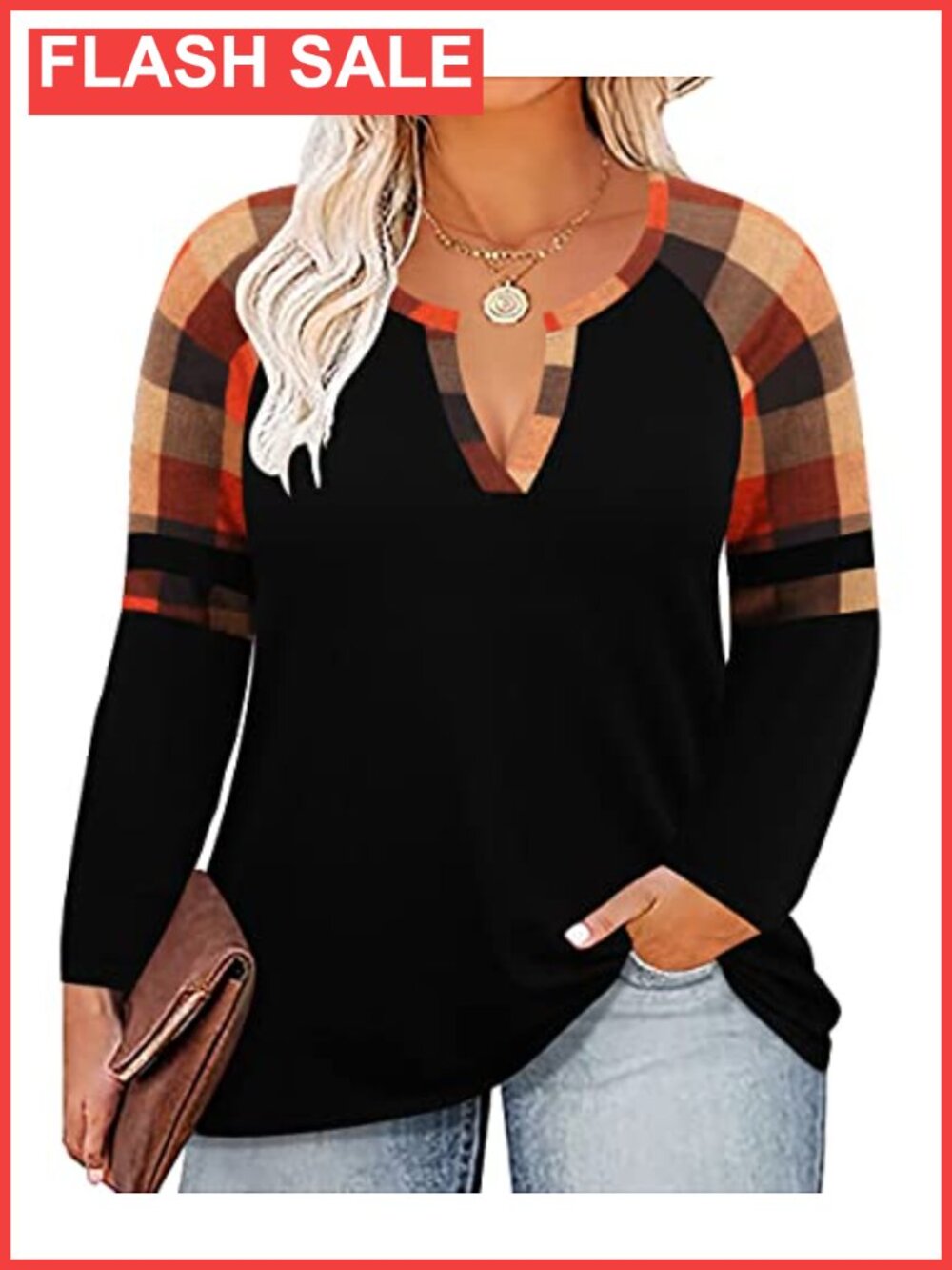 Plus Size Long Sleeve Tunic Top V-Neck Color Block Casual Fall Winter Shirt
